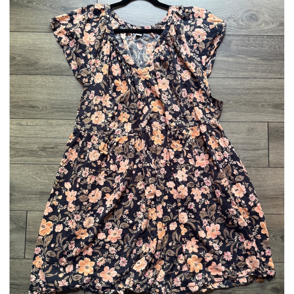 Old Navy Womens 4X Navy Blue Floral V-Neck Tiered Mini Dress Short Sleeve 419434